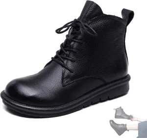 AUNTHUI Women'S Genuine Leather Ankle Boots Round Toe Flat Short Boots,Comfortable And Soft Side Zipper Retro Casual Boots