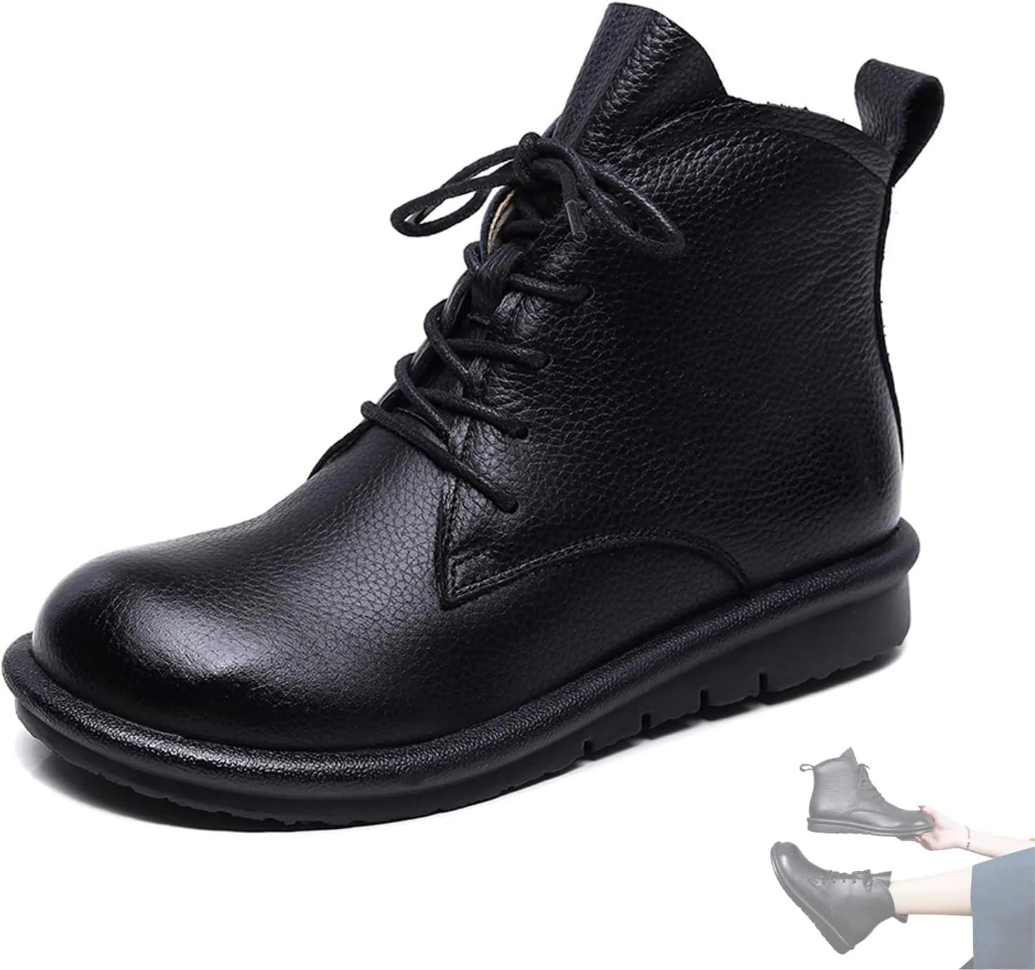 AUNTHUI Women'S Genuine Leather Ankle Boots Round Toe Flat Short Boots,Comfortable And Soft Side Zipper Retro Casual Boots