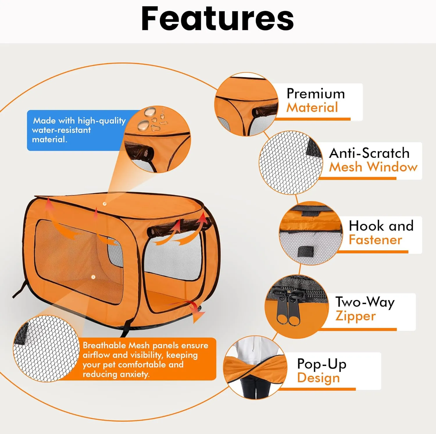 Beatrice Home Fashions Portable, Collapsible, Pop Up Kennel Travel Cat and Dog Crate, 32.5" L x 19.5" W x 19.5" H, Orange