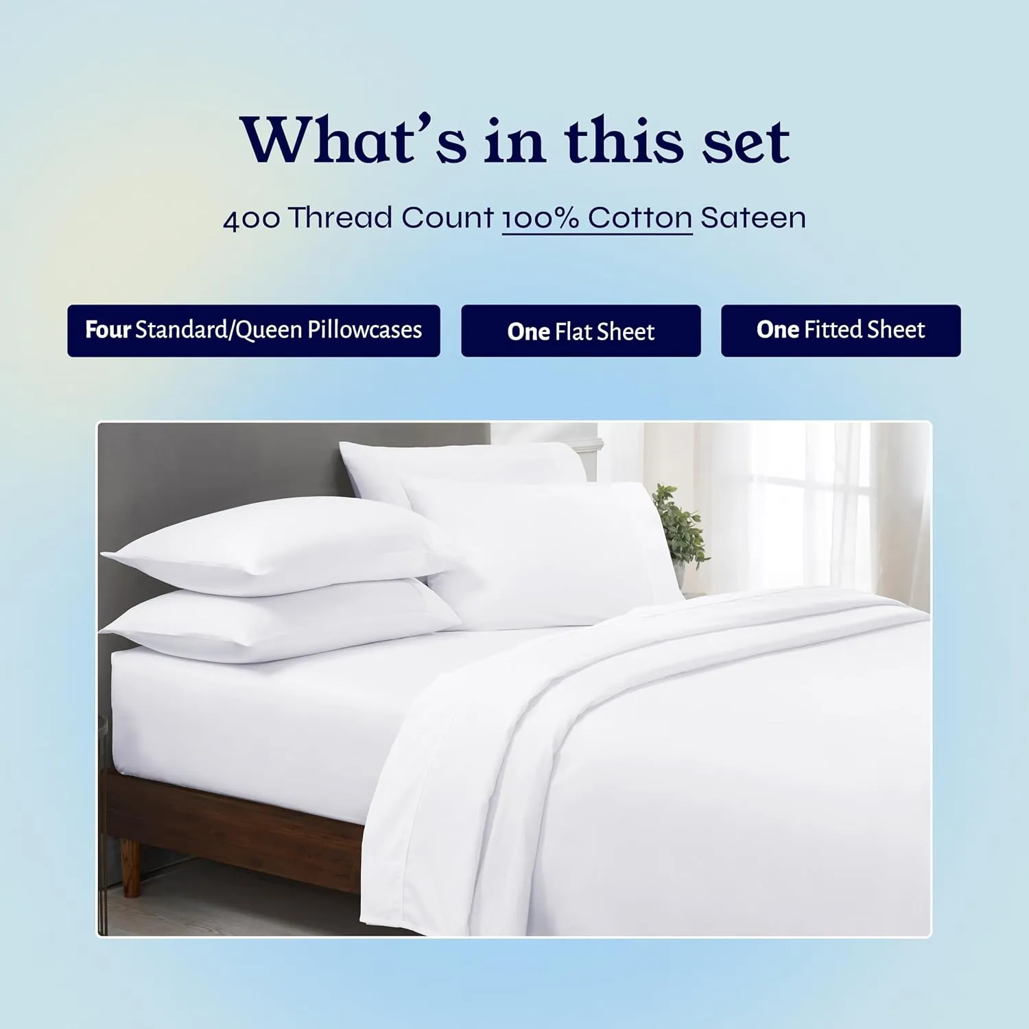 California Design Den 6 Pc Queen Size Sheet Set with 4 Pillowcases - Soft 400 Thread Count 100% Cotton Sheets, Sateen, Deep Pockets with All Around Elastic, Cool, Durable Bedding Set - White