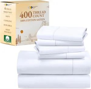 California Design Den 6 Pc Queen Size Sheet Set with 4 Pillowcases - Soft 400 Thread Count 100% Cotton Sheets, Sateen, Deep Pockets with All Around Elastic, Cool, Durable Bedding Set - White