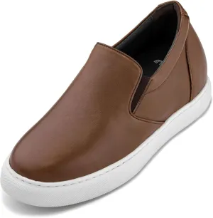 CALTO Men's Invisible Height Increasing Elevator Shoes - Coffee Brown Nappa Leather Slip-on Lightweight Casual Loafers - 2.6 Inches Taller - T1023- Size 6 D(M) US