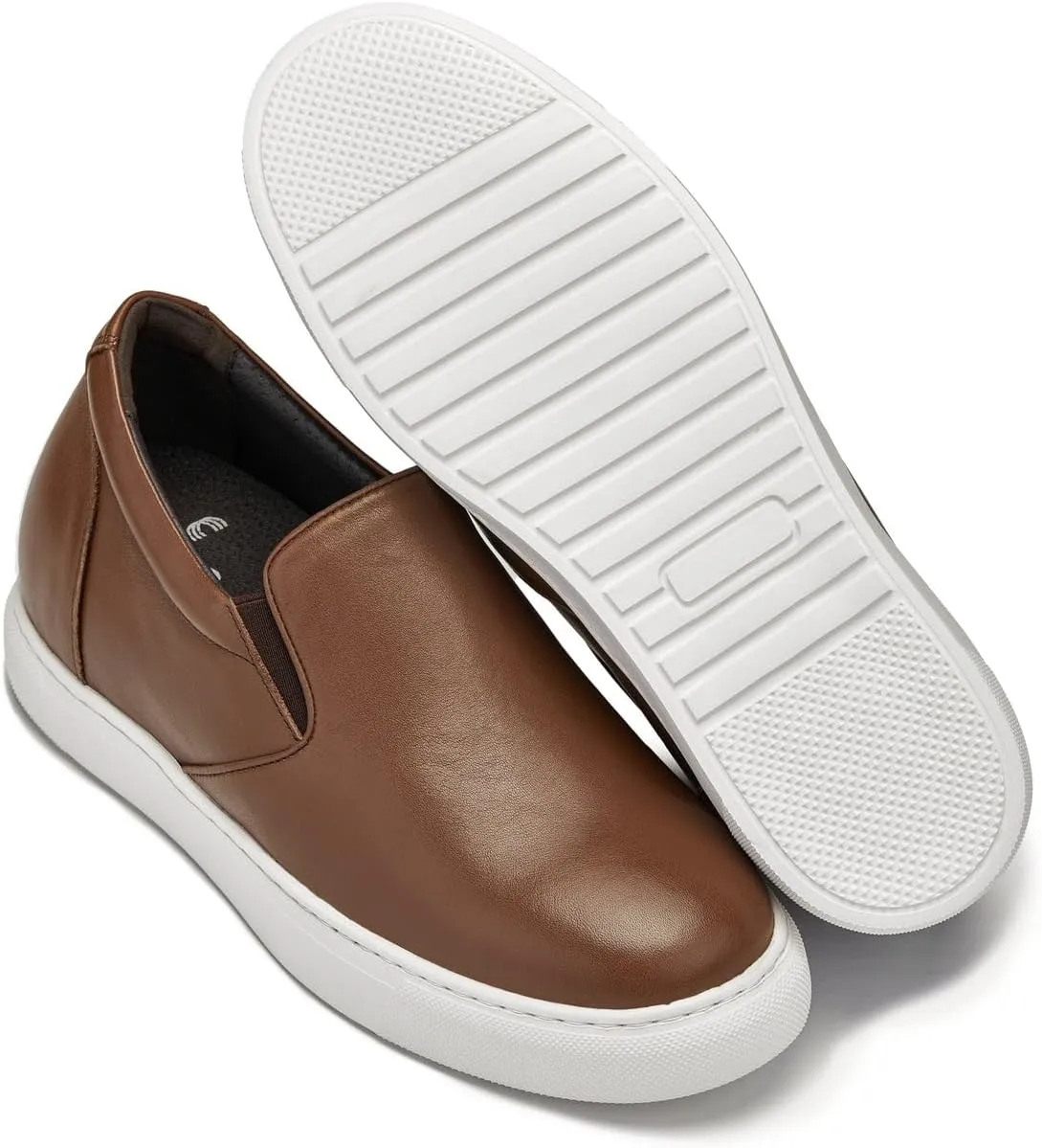 CALTO Men's Invisible Height Increasing Elevator Shoes - Coffee Brown Nappa Leather Slip-on Lightweight Casual Loafers - 2.6 Inches Taller - T1023- Size 6 D(M) US