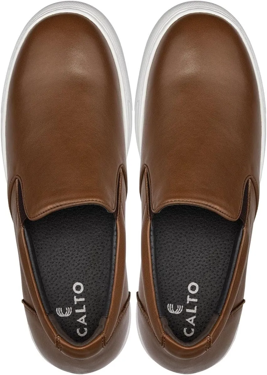 CALTO Men's Invisible Height Increasing Elevator Shoes - Coffee Brown Nappa Leather Slip-on Lightweight Casual Loafers - 2.6 Inches Taller - T1023- Size 6 D(M) US