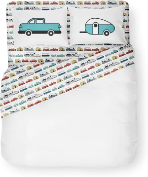Camco Life is Better at The Campsite Camper/RV Queen Sized Bed Sheet Set | Features Travel Trailer Print Design on White Background | Crafted of Soft Machine Washable Polyester | 4-Piece Set (53299)