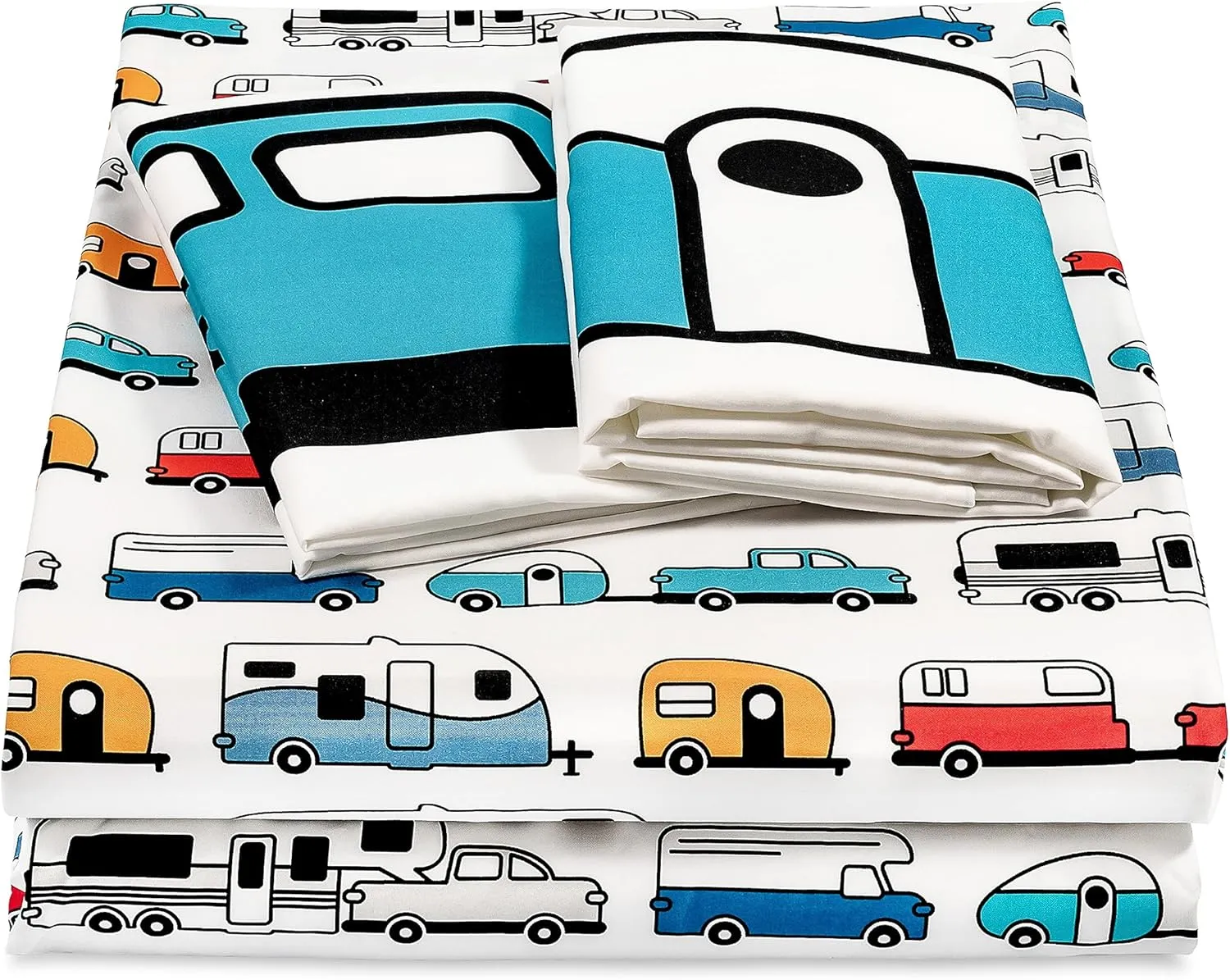 Camco Life is Better at The Campsite Camper/RV Queen Sized Bed Sheet Set | Features Travel Trailer Print Design on White Background | Crafted of Soft Machine Washable Polyester | 4-Piece Set (53299)