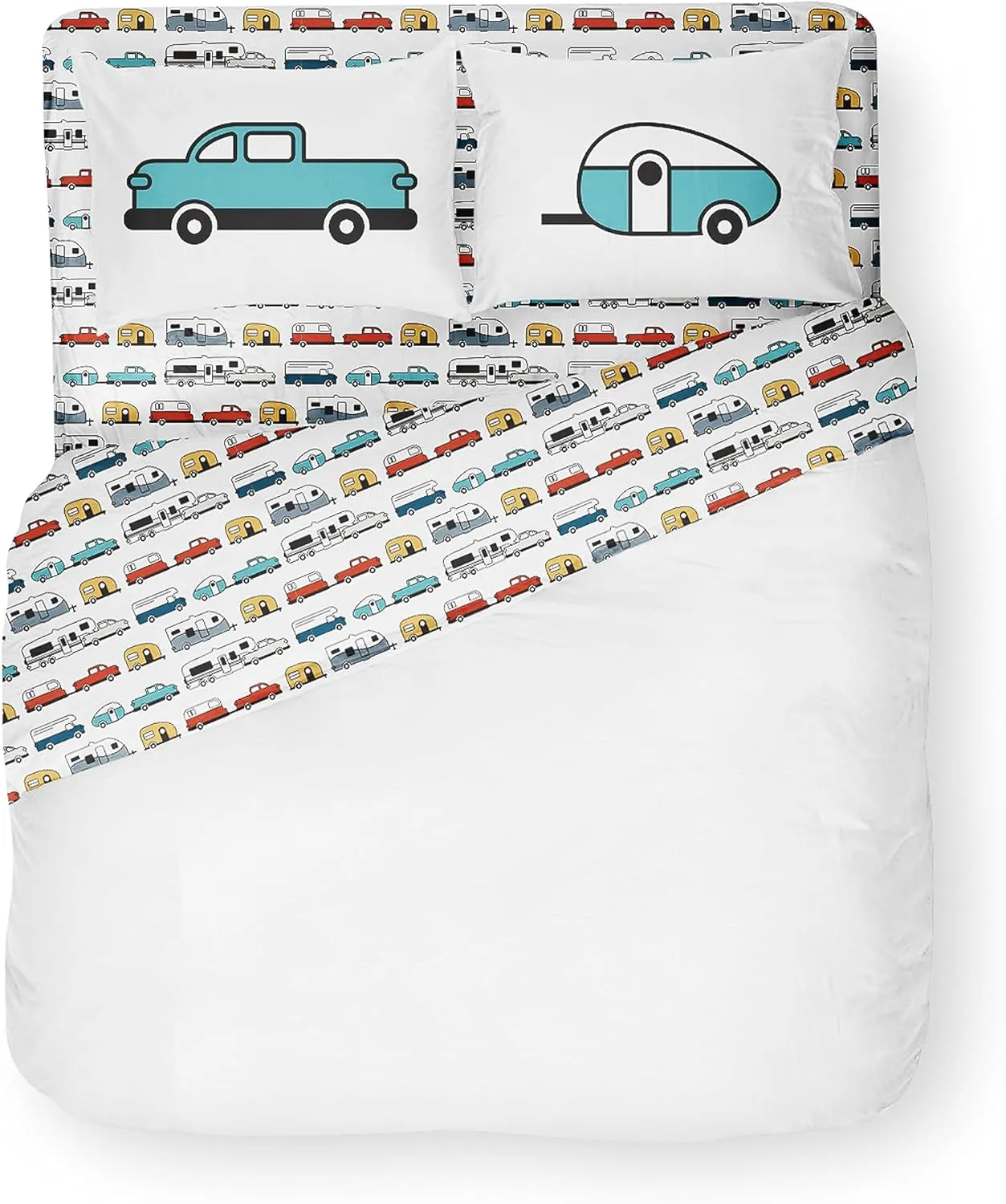 Camco Life is Better at The Campsite Camper/RV Queen Sized Bed Sheet Set | Features Travel Trailer Print Design on White Background | Crafted of Soft Machine Washable Polyester | 4-Piece Set (53299)