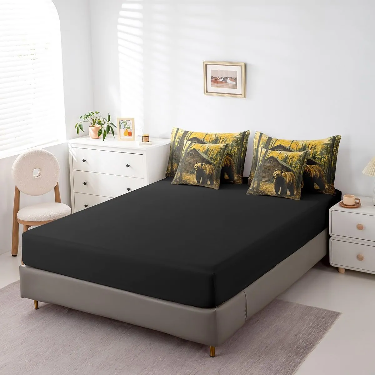 Castle Fairy 3D Brown Bear Queen Size Bedding Sets 7 Pcs Jungle Cabin Wooden Farmhouse Comforter Set for Kids Teens Adults All Season (Comforter,Flat Sheet,Fitted Sheet,2 Pillowcases,2 Pillow Covers)