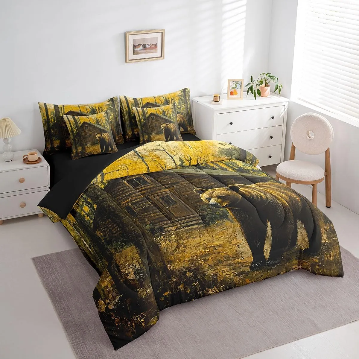 Castle Fairy 3D Brown Bear Queen Size Bedding Sets 7 Pcs Jungle Cabin Wooden Farmhouse Comforter Set for Kids Teens Adults All Season (Comforter,Flat Sheet,Fitted Sheet,2 Pillowcases,2 Pillow Covers)