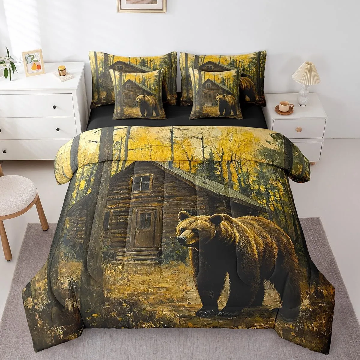Castle Fairy 3D Brown Bear Queen Size Bedding Sets 7 Pcs Jungle Cabin Wooden Farmhouse Comforter Set for Kids Teens Adults All Season (Comforter,Flat Sheet,Fitted Sheet,2 Pillowcases,2 Pillow Covers)