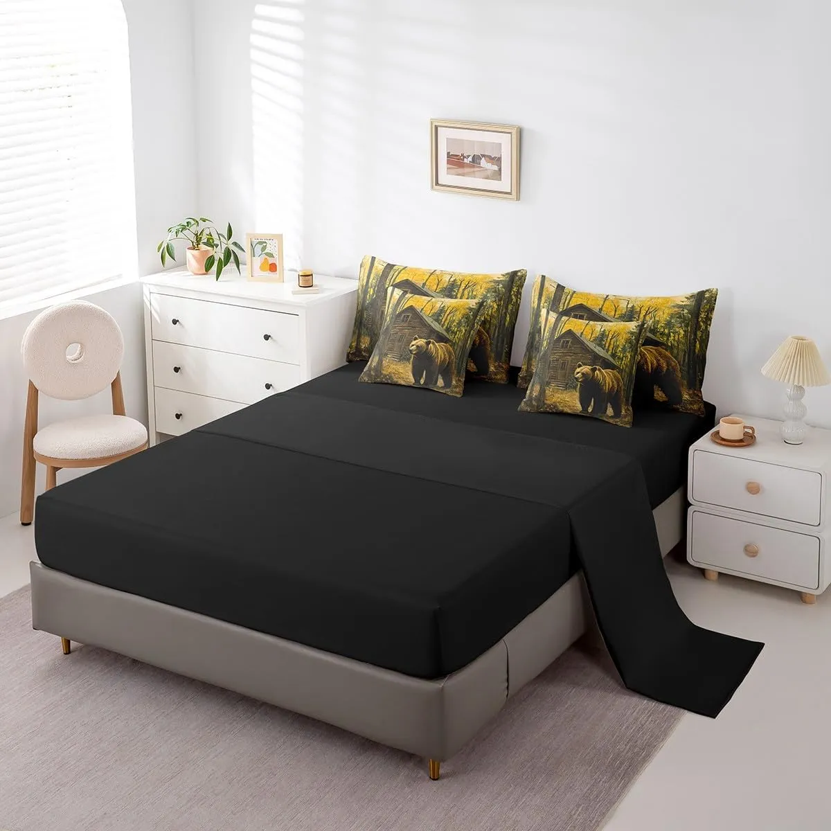 Castle Fairy 3D Brown Bear Queen Size Bedding Sets 7 Pcs Jungle Cabin Wooden Farmhouse Comforter Set for Kids Teens Adults All Season (Comforter,Flat Sheet,Fitted Sheet,2 Pillowcases,2 Pillow Covers)