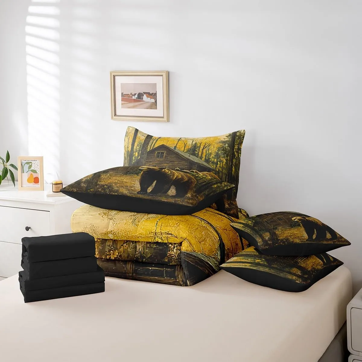 Castle Fairy 3D Brown Bear Queen Size Bedding Sets 7 Pcs Jungle Cabin Wooden Farmhouse Comforter Set for Kids Teens Adults All Season (Comforter,Flat Sheet,Fitted Sheet,2 Pillowcases,2 Pillow Covers)
