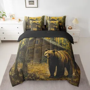 Castle Fairy 3D Brown Bear Queen Size Bedding Sets 7 Pcs Jungle Cabin Wooden Farmhouse Comforter Set for Kids Teens Adults All Season (Comforter,Flat Sheet,Fitted Sheet,2 Pillowcases,2 Pillow Covers)