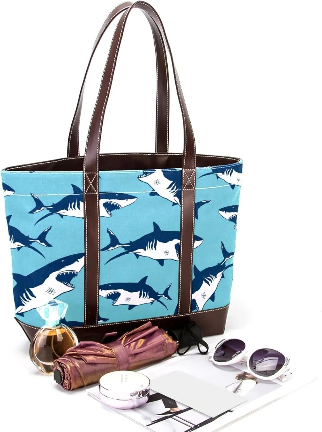 Colorful Ocean Shark Shoulder Purses for Women Large Soft Washed Leather Purses and Durable Handbags
