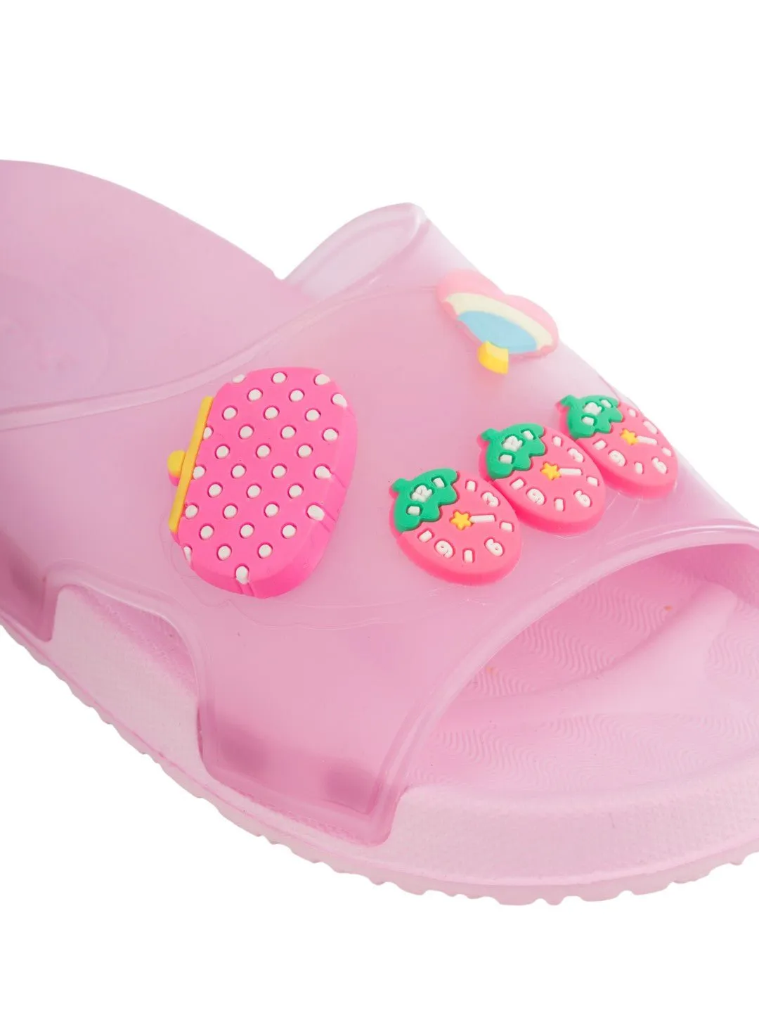 Comfy & Colorful Strawberry, Heart Candy & Purse Charms Slides for Girls- Pink