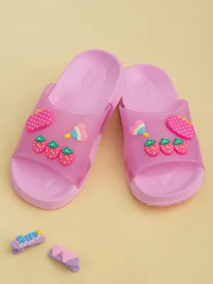 Comfy & Colorful Strawberry, Heart Candy & Purse Charms Slides for Girls- Pink
