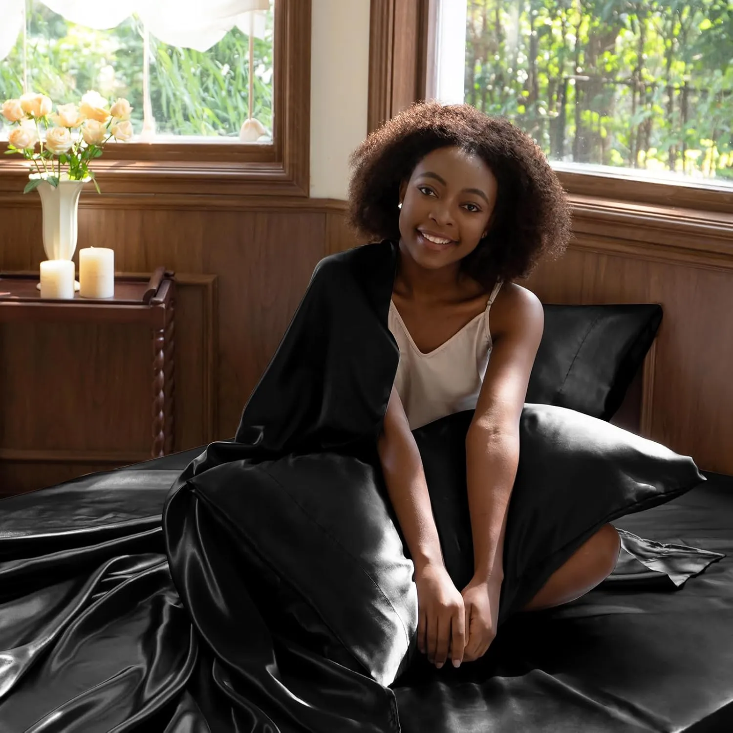 CozyLux Satin Sheets Queen Size - 4 Piece Black Bed Sheet Set with Silky Microfiber, 1 Deep Pocket Fitted Sheet, 1 Flat Sheet, and 2 Pillowcases - Smooth and Soft