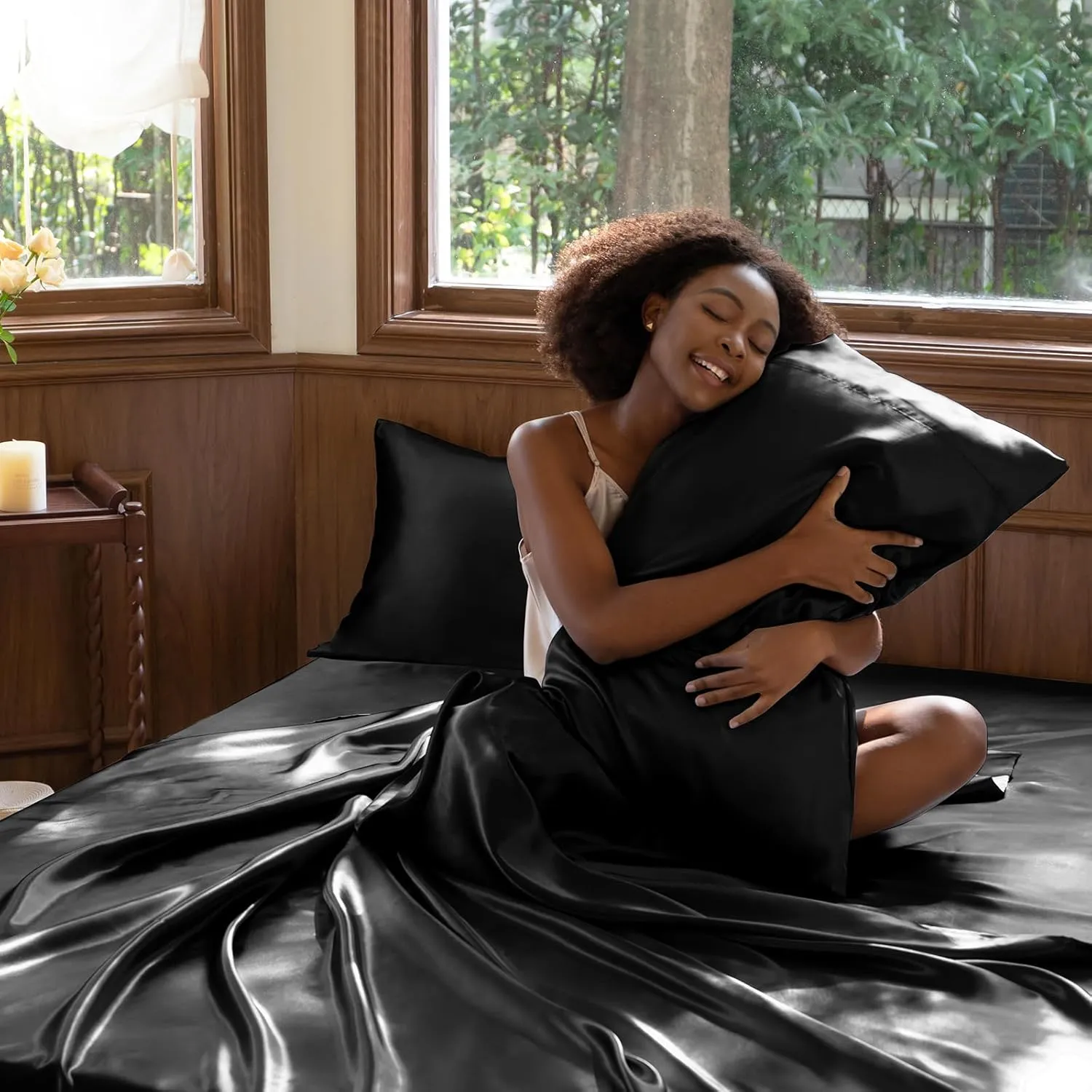 CozyLux Satin Sheets Queen Size - 4 Piece Black Bed Sheet Set with Silky Microfiber, 1 Deep Pocket Fitted Sheet, 1 Flat Sheet, and 2 Pillowcases - Smooth and Soft
