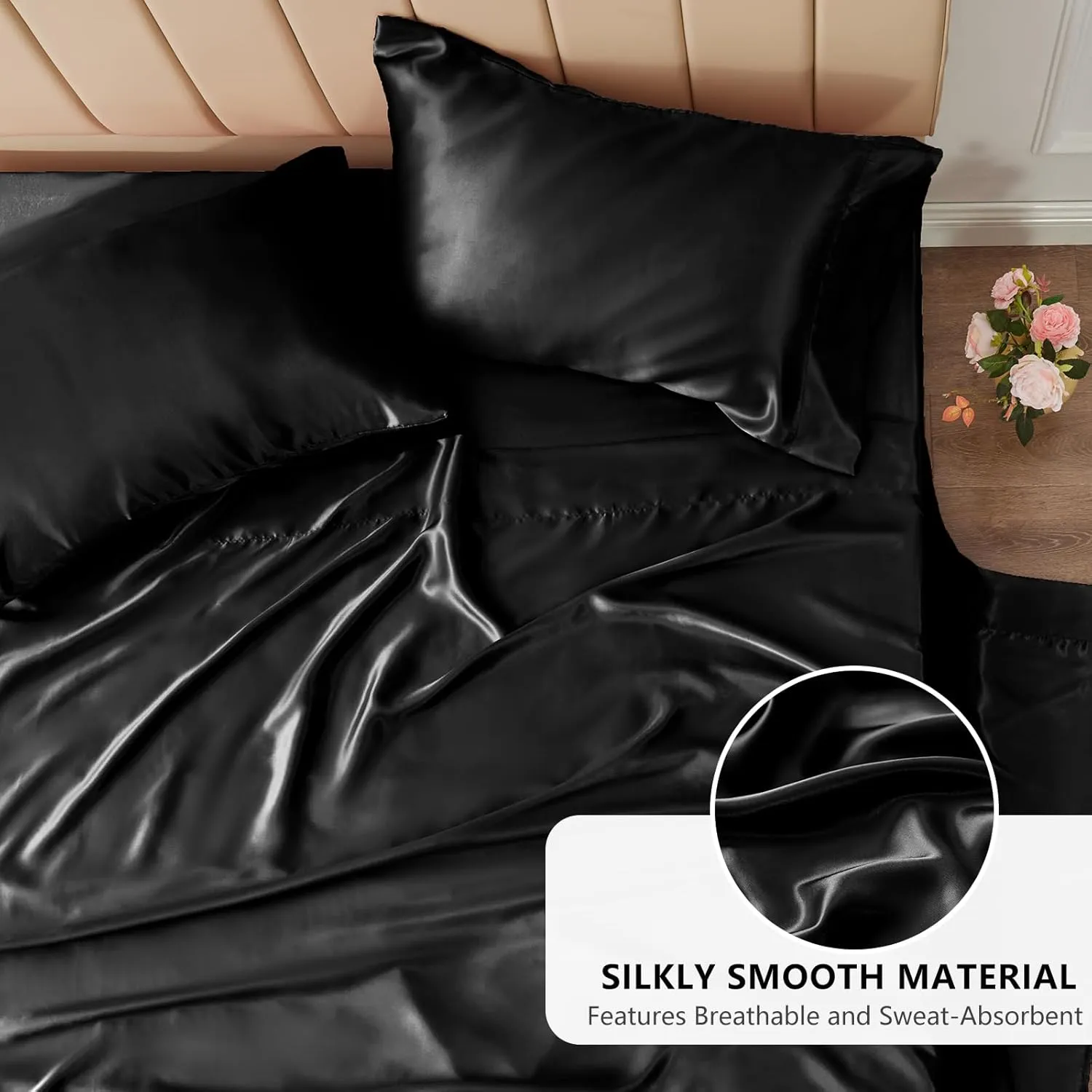CozyLux Satin Sheets Queen Size - 4 Piece Black Bed Sheet Set with Silky Microfiber, 1 Deep Pocket Fitted Sheet, 1 Flat Sheet, and 2 Pillowcases - Smooth and Soft
