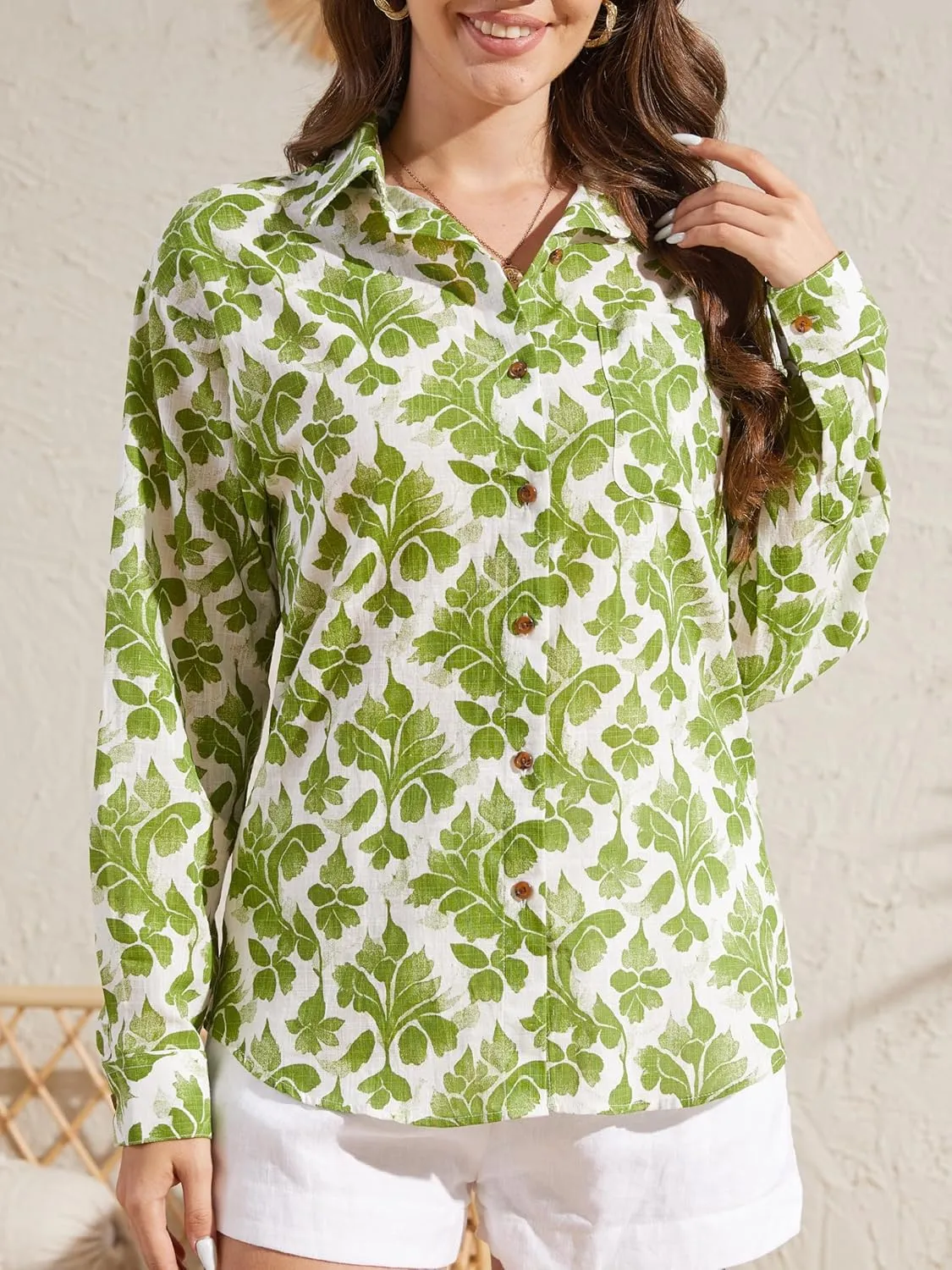 CUNLIN Women's Button Down Shirts Long Sleeve Cotton Summer Beach Wear for Women with Pocket
