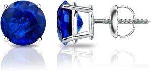 Diamond Wish 18k White Gold Round Blue Sapphire Gemstone Stud Earrings (1 carat TW) 4-Prong Basket, Screw-Back