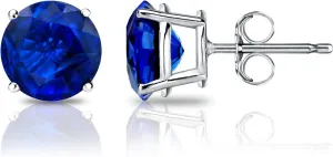 Diamond Wish 18k White Gold Round Blue Sapphire Gemstone Stud Earrings (1/3 carat TW) 4-Prong Basket, Push-Back