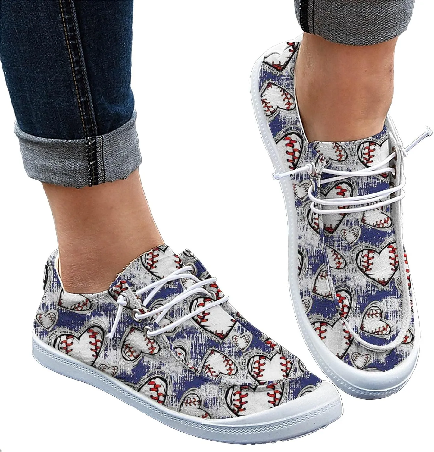 DIYCAM Women Sport Day Baseball Printed Boat Shoes Casual Canvas Loafers for Women Slip On Deck Shoes, Breathable Canvas Walking Shoes