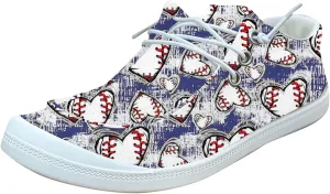 DIYCAM Women Sport Day Baseball Printed Boat Shoes Casual Canvas Loafers for Women Slip On Deck Shoes, Breathable Canvas Walking Shoes