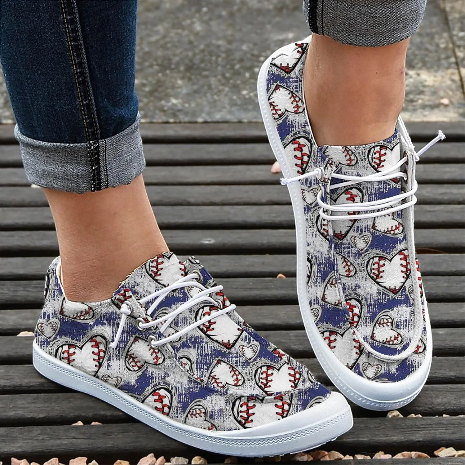 DIYCAM Women Sport Day Baseball Printed Boat Shoes Casual Canvas Loafers for Women Slip On Deck Shoes, Breathable Canvas Walking Shoes