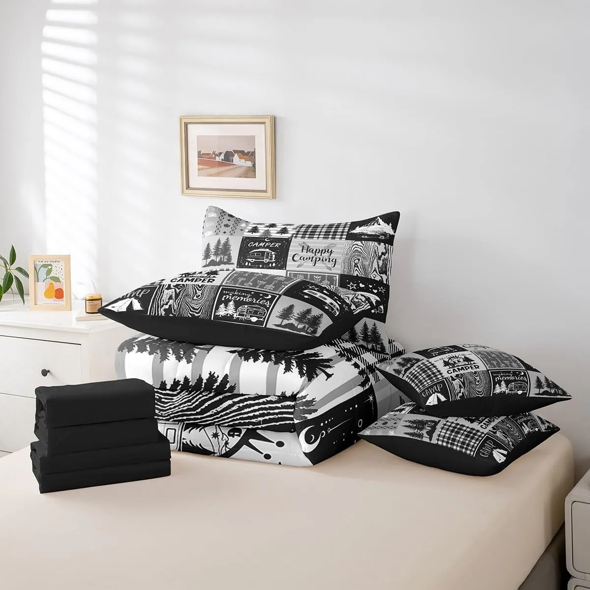 Erosebridal Rv Bedding Sets 7 Piece Plaid Camper Bed in A Bag Queen Rustic Farmhouse Camping Bunk Comforter Set Camper Accessories for Travel Trailers,Woodland Travel Bed Set for Kids Boys Men