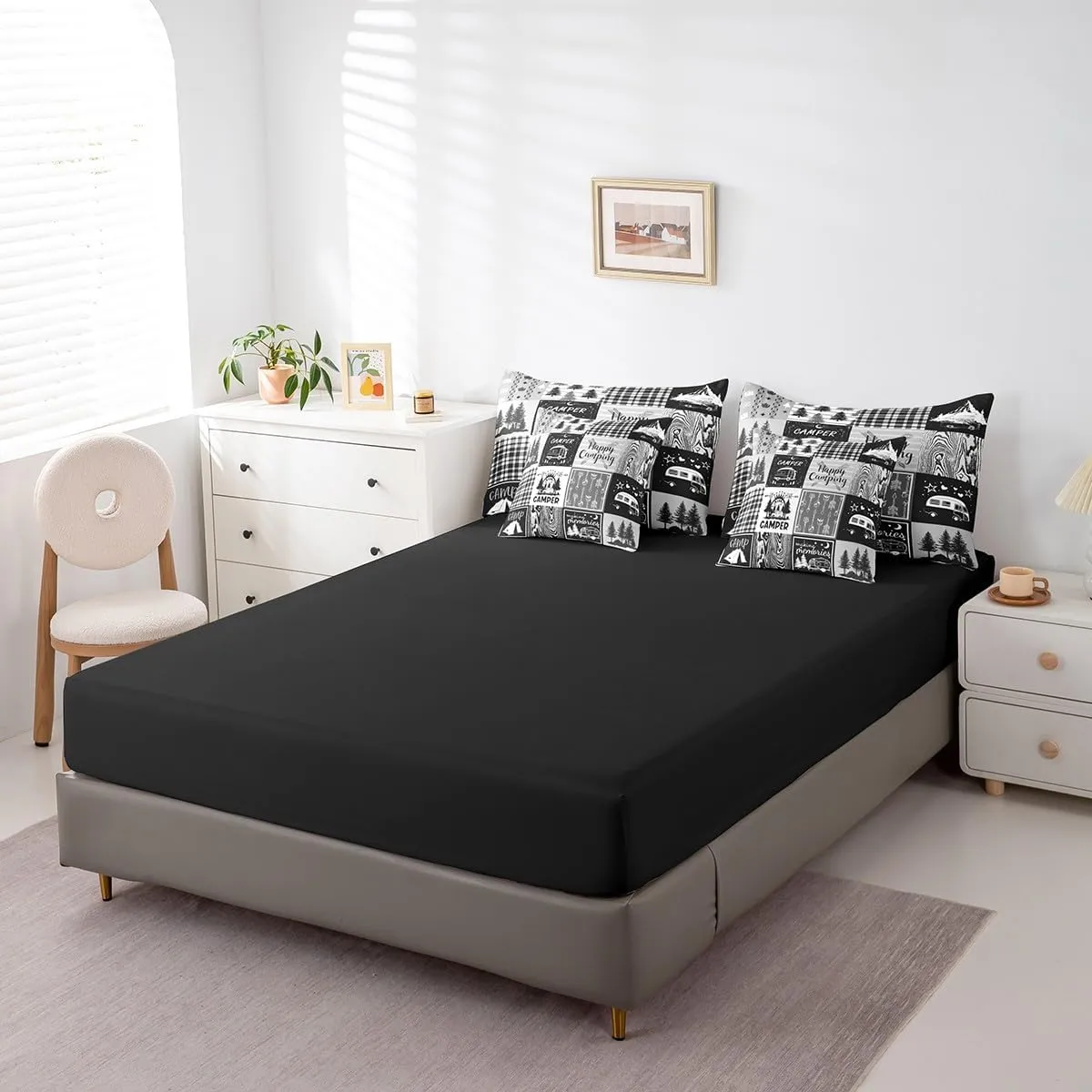 Erosebridal Rv Bedding Sets 7 Piece Plaid Camper Bed in A Bag Queen Rustic Farmhouse Camping Bunk Comforter Set Camper Accessories for Travel Trailers,Woodland Travel Bed Set for Kids Boys Men