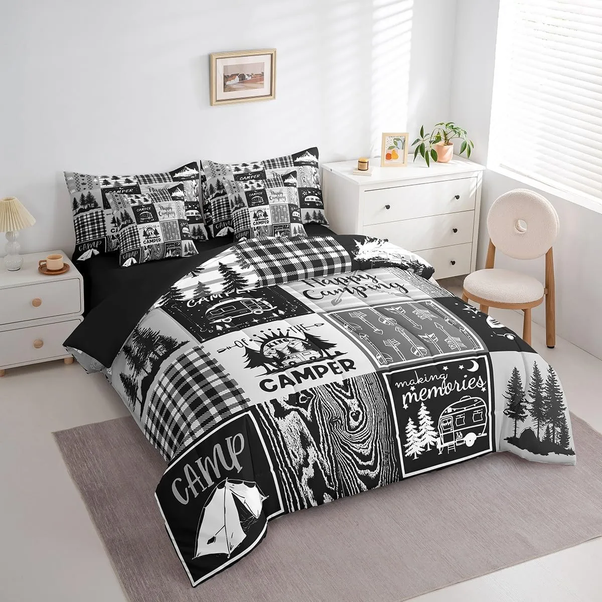 Erosebridal Rv Bedding Sets 7 Piece Plaid Camper Bed in A Bag Queen Rustic Farmhouse Camping Bunk Comforter Set Camper Accessories for Travel Trailers,Woodland Travel Bed Set for Kids Boys Men