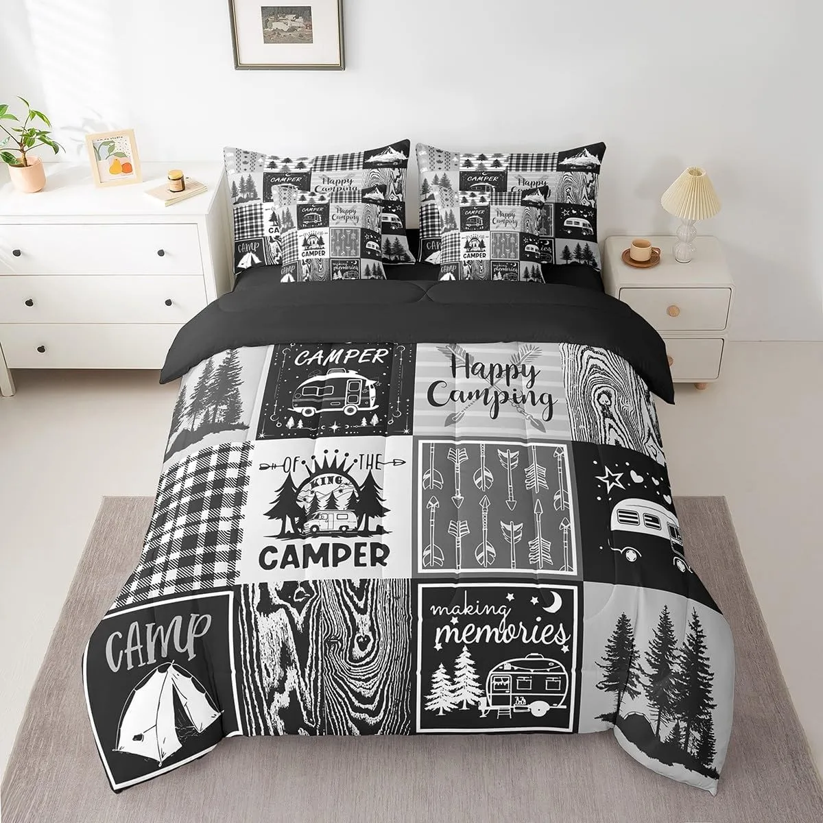 Erosebridal Rv Bedding Sets 7 Piece Plaid Camper Bed in A Bag Queen Rustic Farmhouse Camping Bunk Comforter Set Camper Accessories for Travel Trailers,Woodland Travel Bed Set for Kids Boys Men