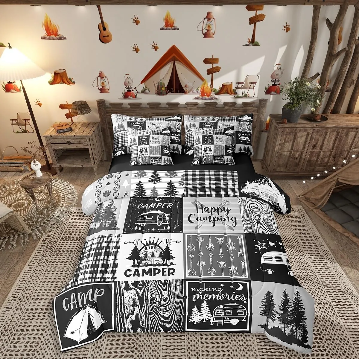 Erosebridal Rv Bedding Sets 7 Piece Plaid Camper Bed in A Bag Queen Rustic Farmhouse Camping Bunk Comforter Set Camper Accessories for Travel Trailers,Woodland Travel Bed Set for Kids Boys Men
