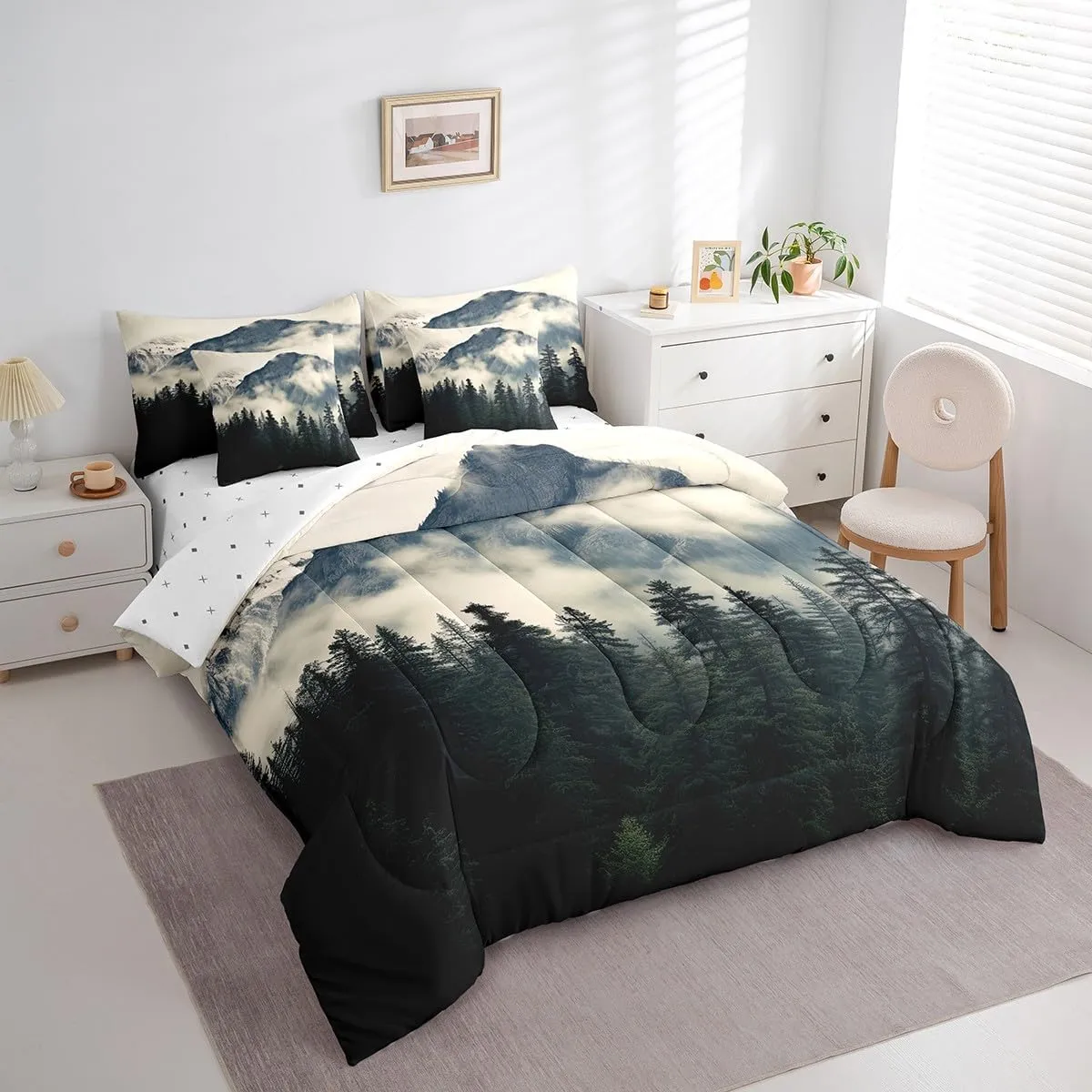 Erosebridal Smoky Mountain Bed in A Bag King Comforter Set 7 Piece Misty Trees Sheet Set for Kids Adults National Park Bedding Set Natural Scenery Bed Set