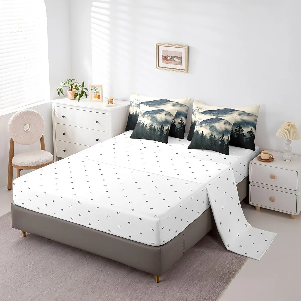 Erosebridal Smoky Mountain Bed in A Bag King Comforter Set 7 Piece Misty Trees Sheet Set for Kids Adults National Park Bedding Set Natural Scenery Bed Set