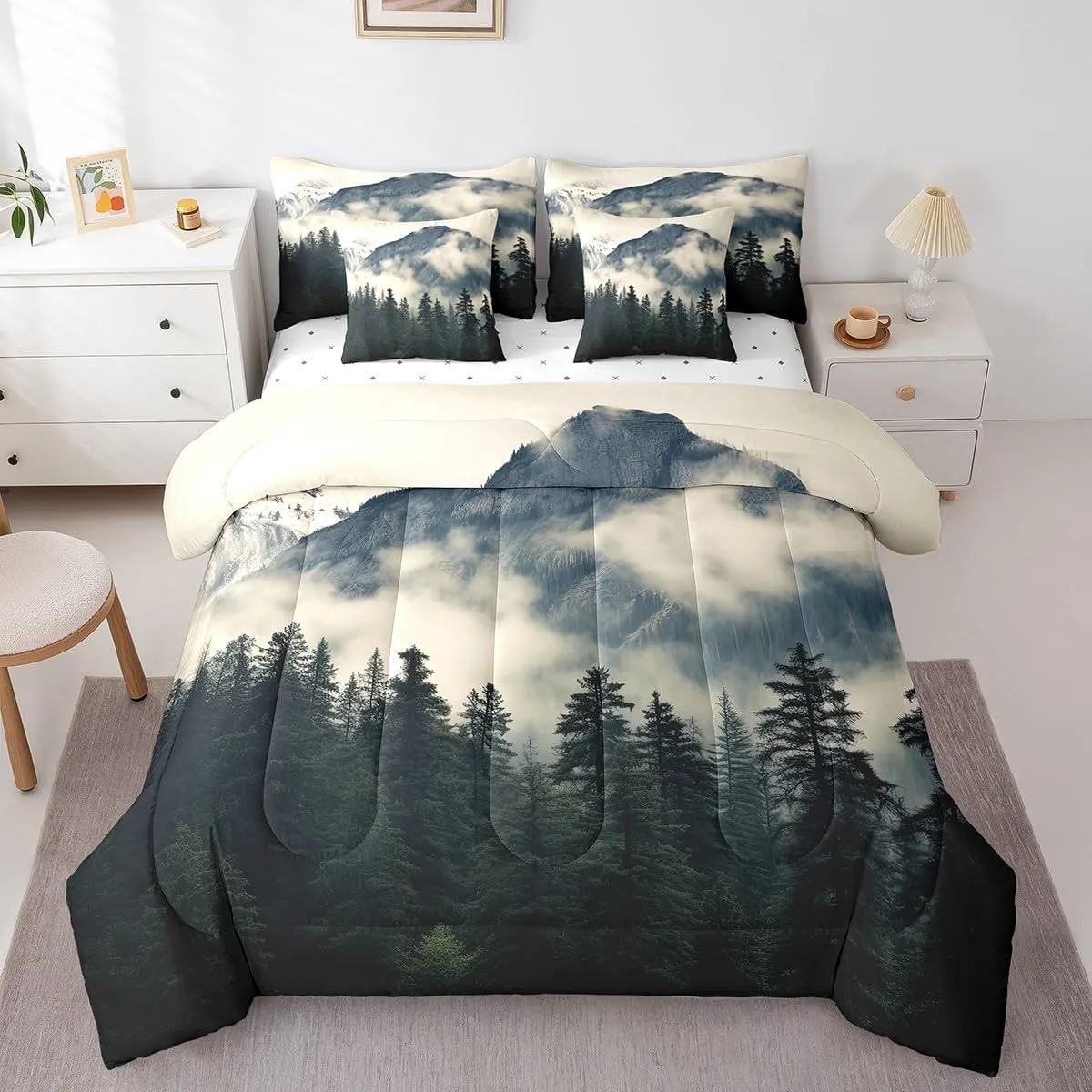 Erosebridal Smoky Mountain Bed in A Bag King Comforter Set 7 Piece Misty Trees Sheet Set for Kids Adults National Park Bedding Set Natural Scenery Bed Set