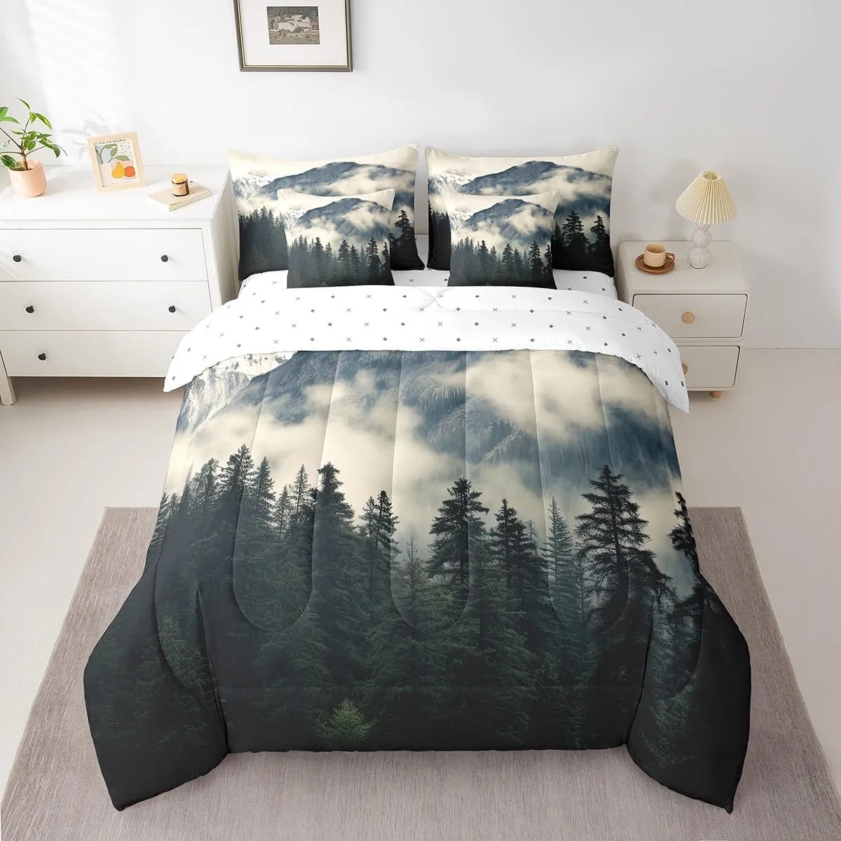 Erosebridal Smoky Mountain Bed in A Bag King Comforter Set 7 Piece Misty Trees Sheet Set for Kids Adults National Park Bedding Set Natural Scenery Bed Set