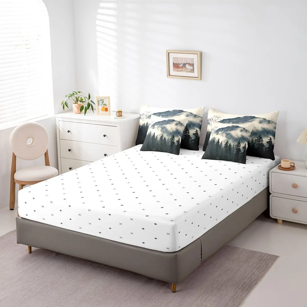 Erosebridal Smoky Mountain Bed in A Bag King Comforter Set 7 Piece Misty Trees Sheet Set for Kids Adults National Park Bedding Set Natural Scenery Bed Set