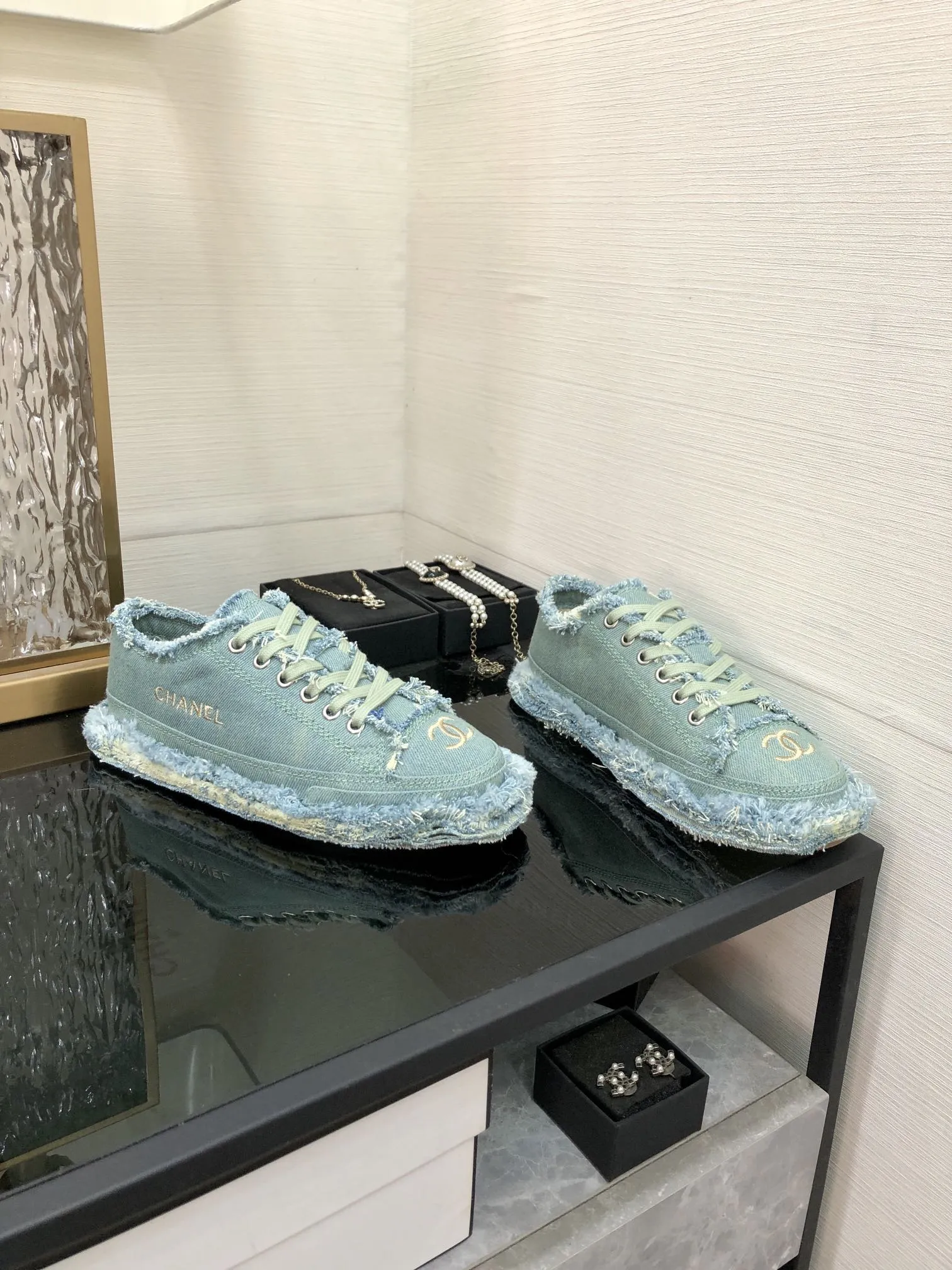 Fabric Safety-assured Turquoise CHANEL Fringe Sneaker Durable Denim