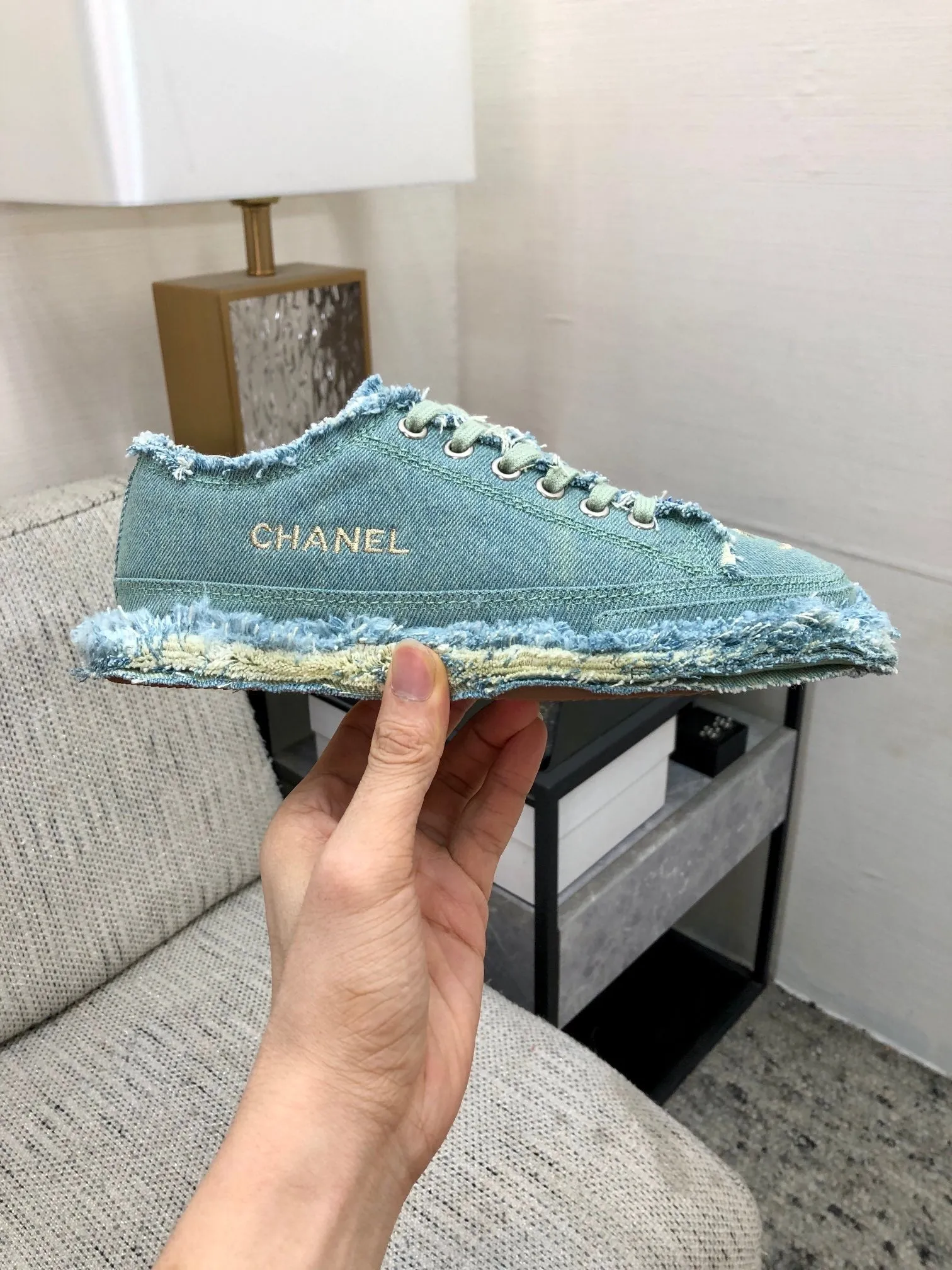 Fabric Safety-assured Turquoise CHANEL Fringe Sneaker Durable Denim