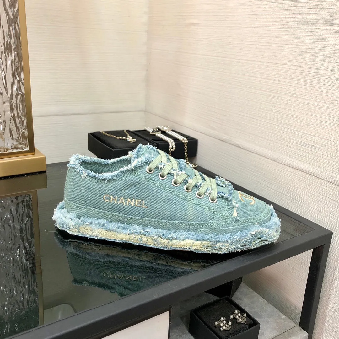 Fabric Safety-assured Turquoise CHANEL Fringe Sneaker Durable Denim