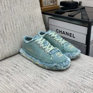 Fabric Safety-assured Turquoise CHANEL Fringe Sneaker Durable Denim