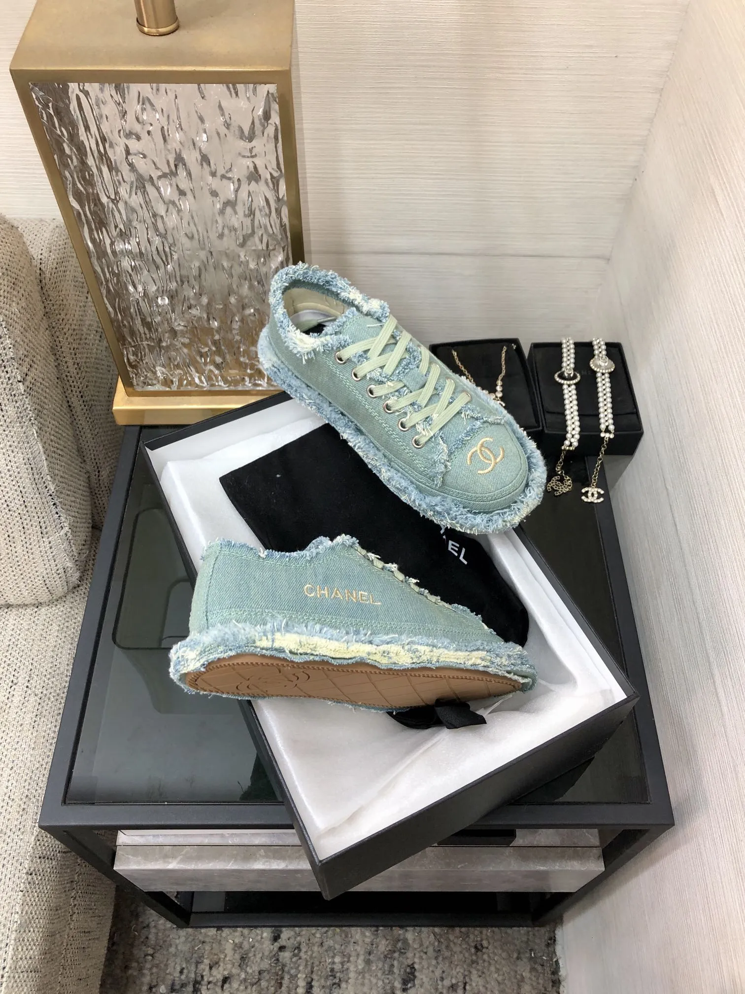Fabric Safety-assured Turquoise CHANEL Fringe Sneaker Durable Denim