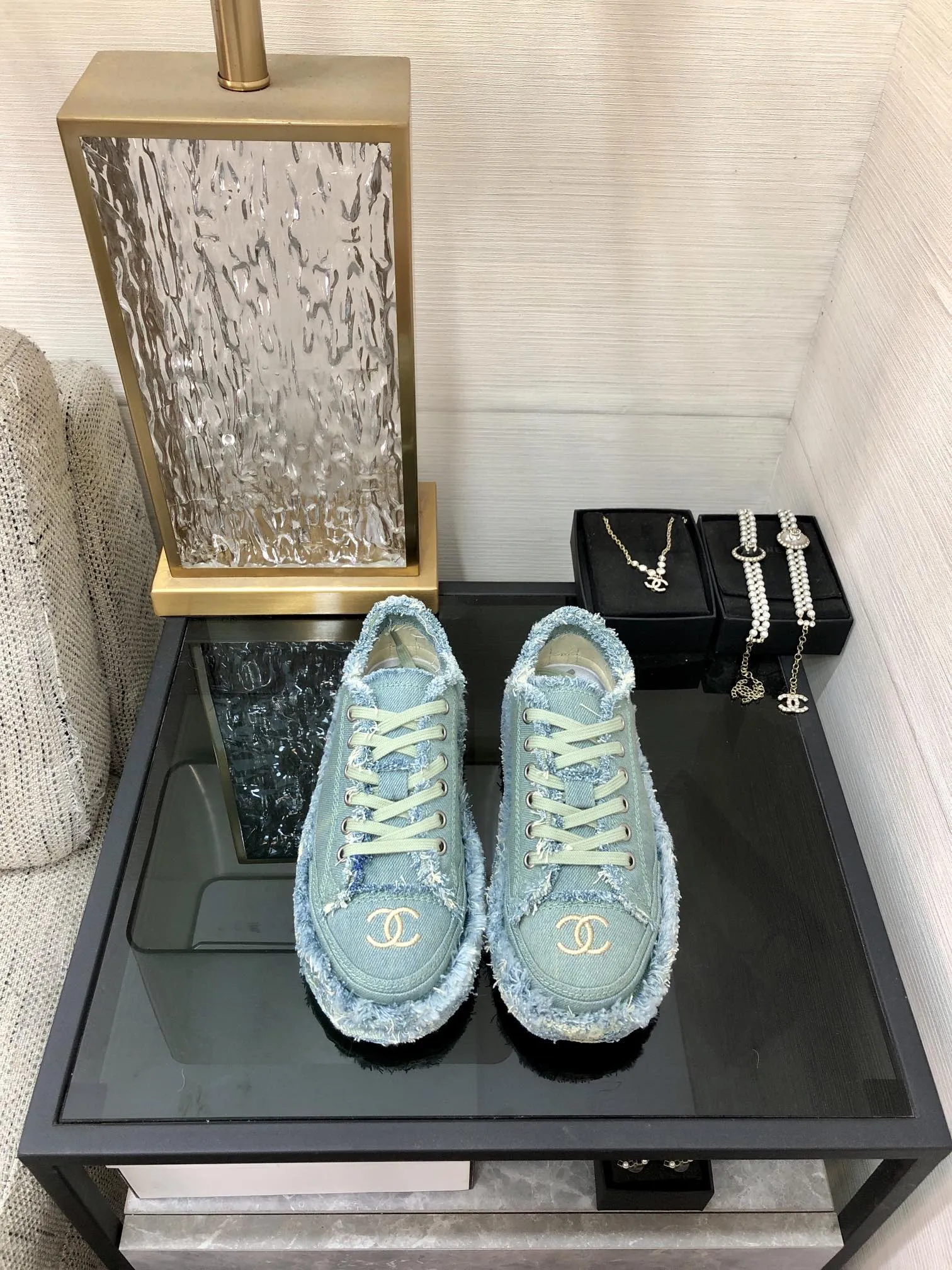 Fabric Safety-assured Turquoise CHANEL Fringe Sneaker Durable Denim