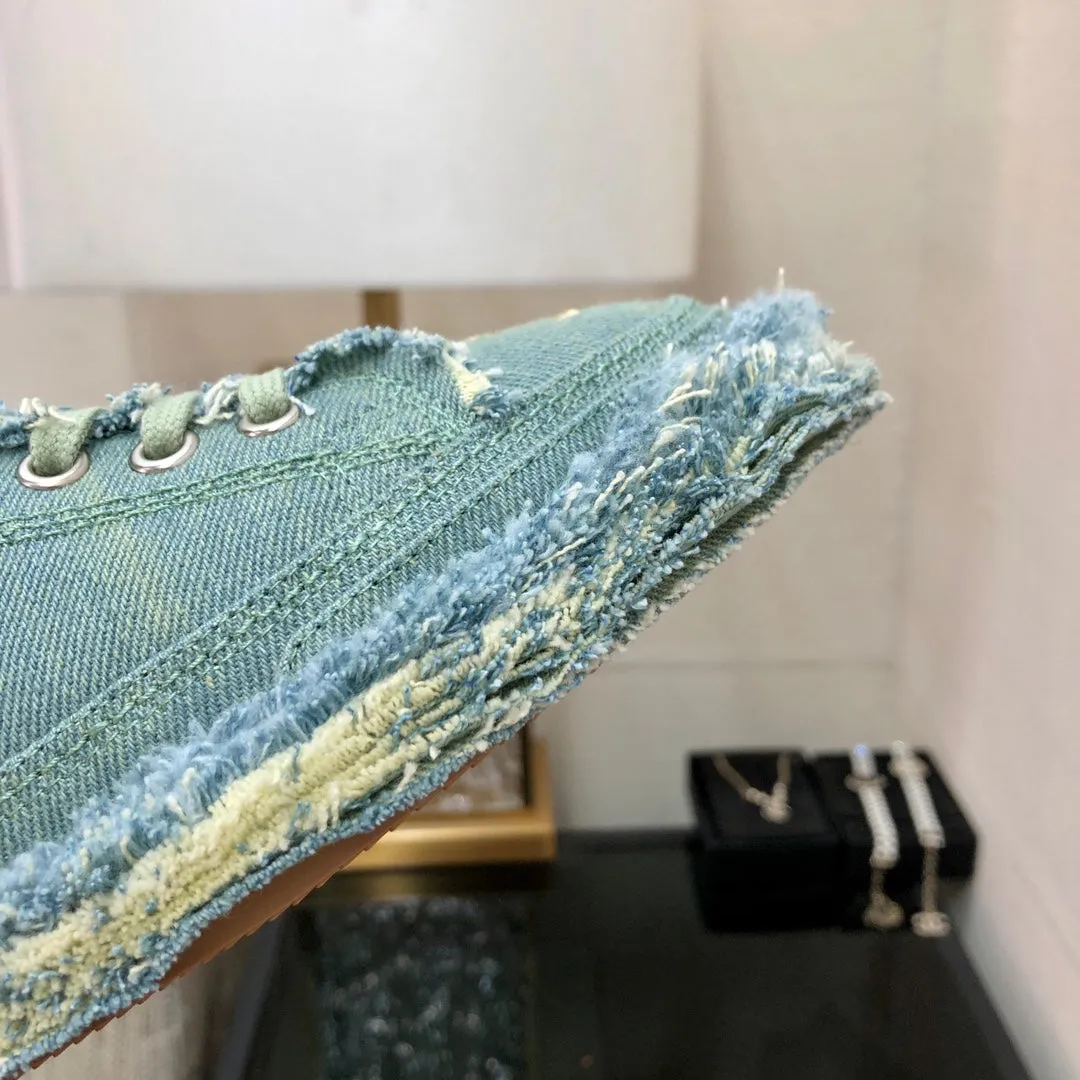 Fabric Safety-assured Turquoise CHANEL Fringe Sneaker Durable Denim