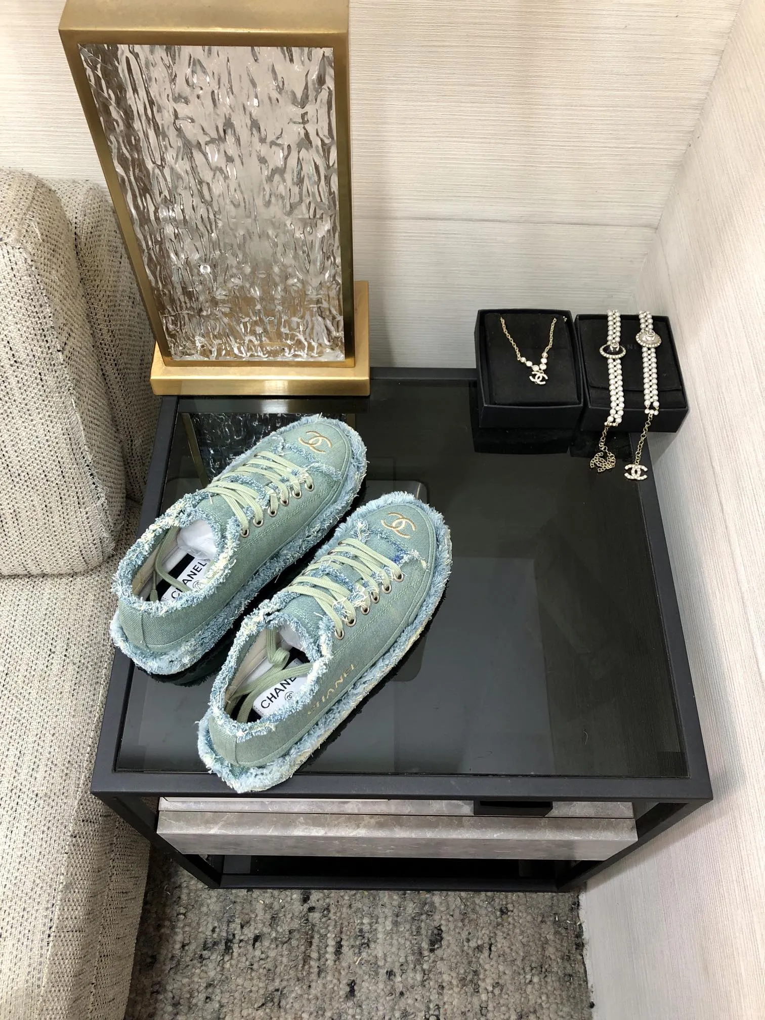 Fabric Safety-assured Turquoise CHANEL Fringe Sneaker Durable Denim