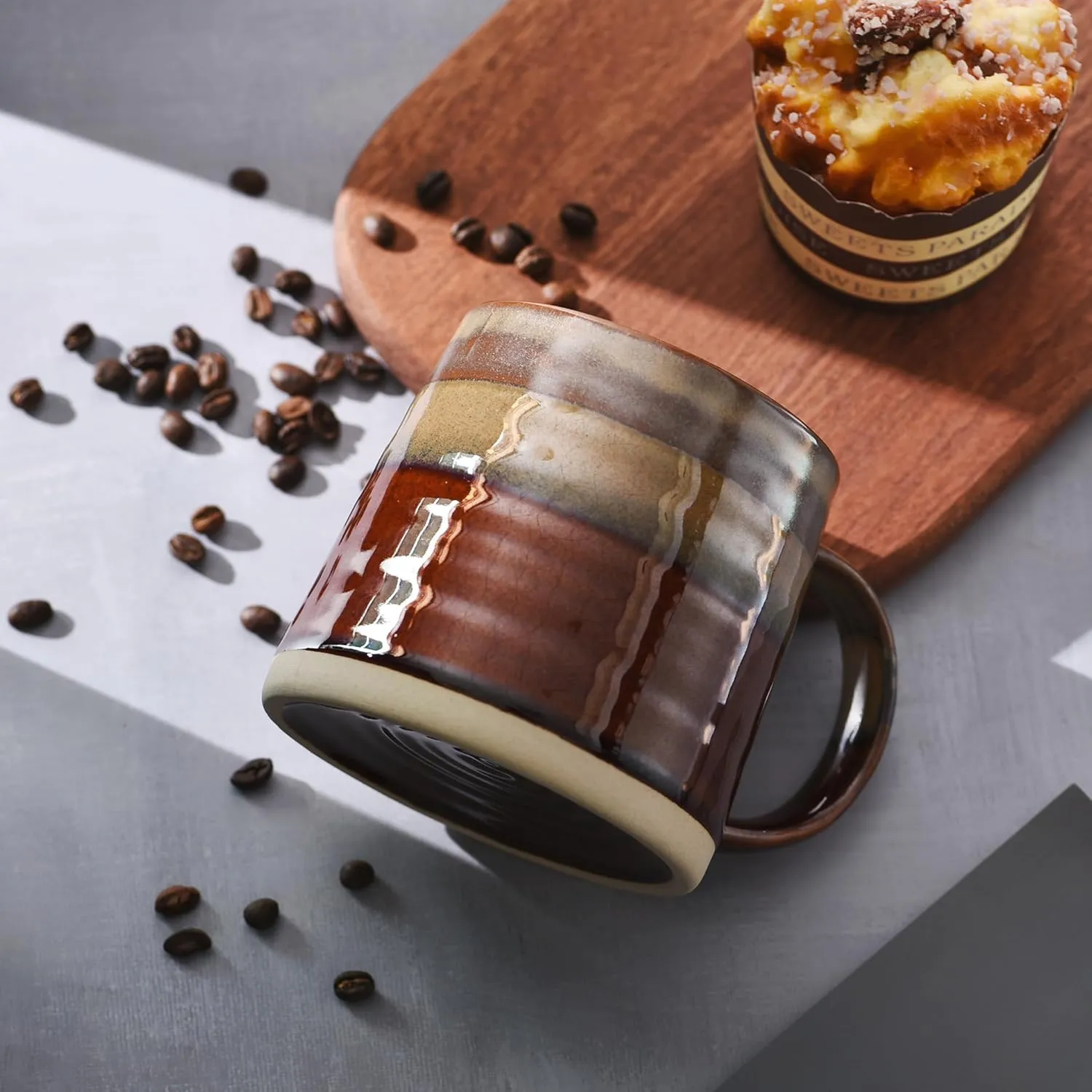 Farmhouse Ceramic Coffee Mug 13 oz Handmade Tea Cup with Large Handle, Wide Bottom Coffee Mugs for Home Office, Holiday Birthday Christmas Gift Mug for Men Women Mom Father and Friends, Chocolate Tone