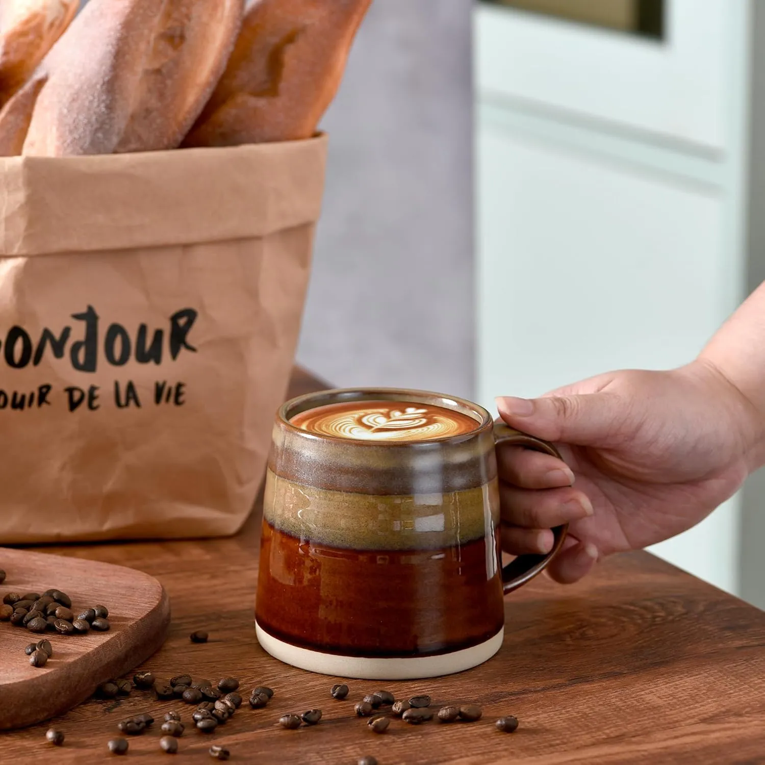 Farmhouse Ceramic Coffee Mug 13 oz Handmade Tea Cup with Large Handle, Wide Bottom Coffee Mugs for Home Office, Holiday Birthday Christmas Gift Mug for Men Women Mom Father and Friends, Chocolate Tone
