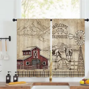Farmhouse Farm Rustic Vintage Kitchen Curtains 27.5W x 39L Inch Country Cow Barn Buffalo Checked Windmill Rod Pocket Short Cafe Laundry Small Window Treatment Drapes Decor 2 Panels